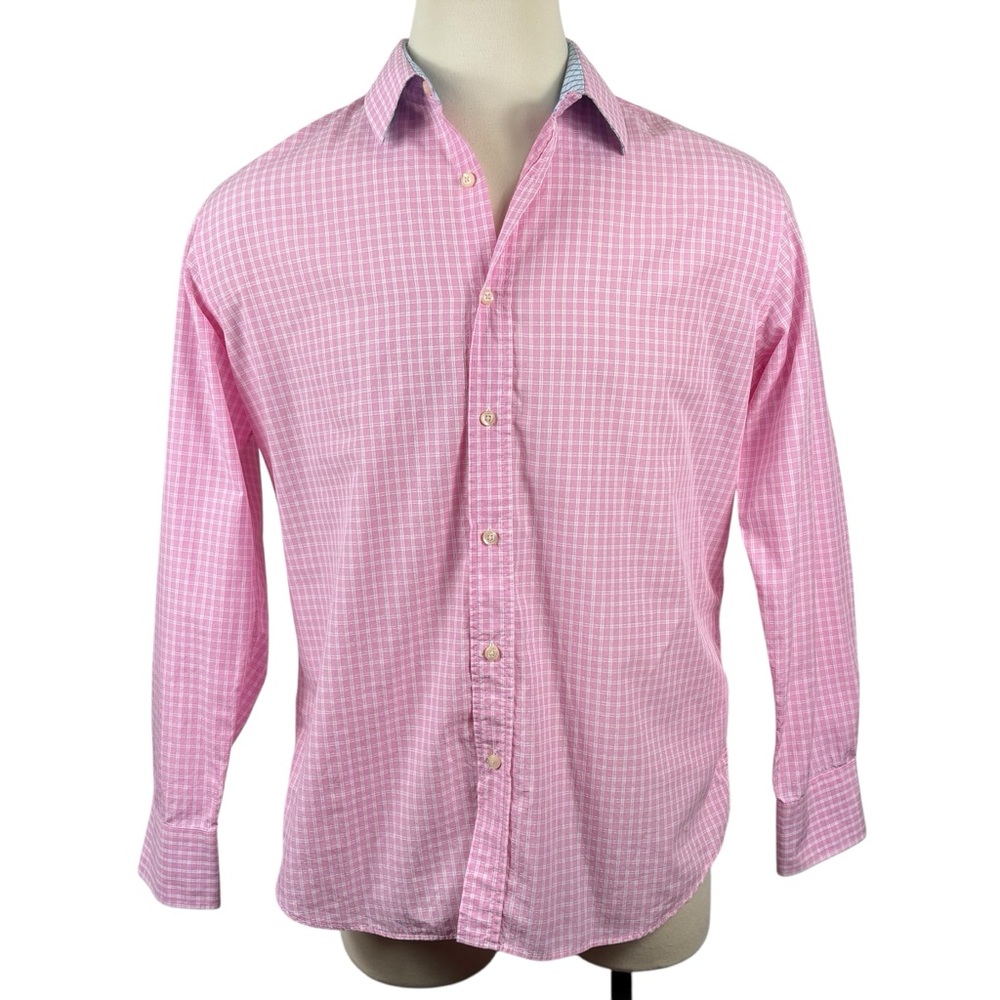 Men's Quieti Flip Cuff Pink/White Plaid 100% Fine‎ Cotton Button Down XL - Picture 2 of 10